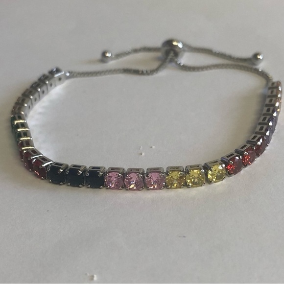 NEW Pretty Bird Adj 18k White Gold Plated Multicolor Lariat Tennis Bracelet - Picture 3 of 6